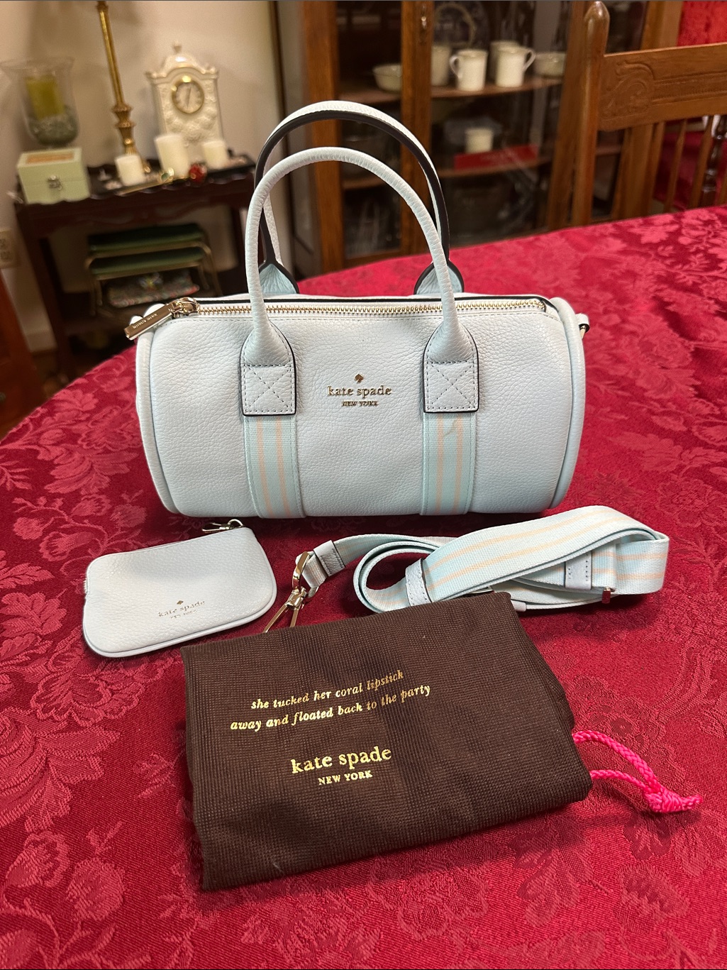 Kate Spade Light Blue Leather Barrel Bag W/ Strap, Coin Pouch & Dust Bag